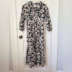 Maeve Bettina Tiered Shirt Dress Black and Cream Abstract Long Sleeve Dress